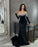 Black Velvet Strapless Long Prom Dress with Sleeves, Tassels, and Acrylic Beads