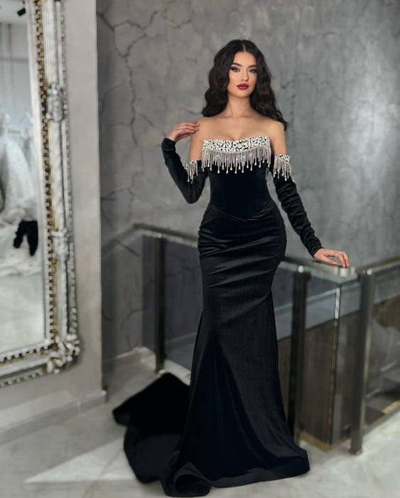 Black Velvet Strapless Long Prom Dress with Sleeves, Tassels, and Acrylic Beads