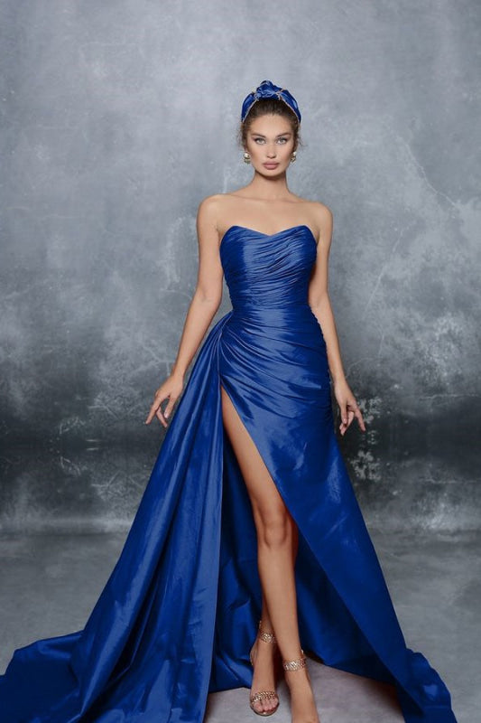 Blue Elegant Strapless Sleeveless Prom Dress with Slit Pleats