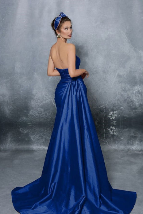 Blue Elegant Strapless Sleeveless Prom Dress with Slit Pleats