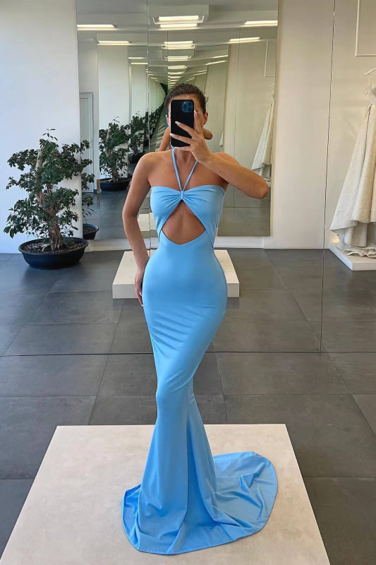 Blue Halter Strapless Sleeveless Mermaid Evening Dress