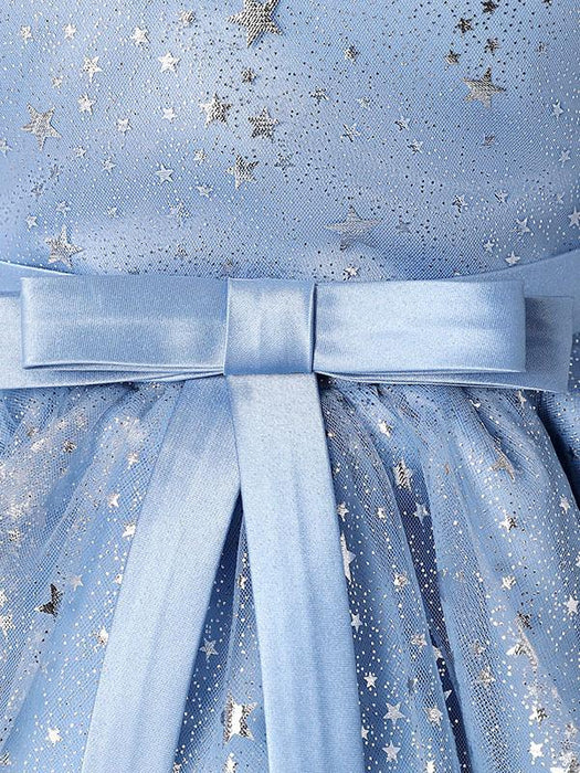 Blue Flower Girl Dresses Jewel Neck 3/4 Length Sleeves Bows Formal Kids Pageant Dresses