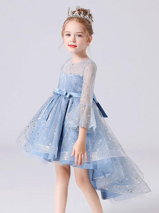 Blue Flower Girl Dresses Jewel Neck 3/4 Length Sleeves Bows Formal Kids Pageant Dresses