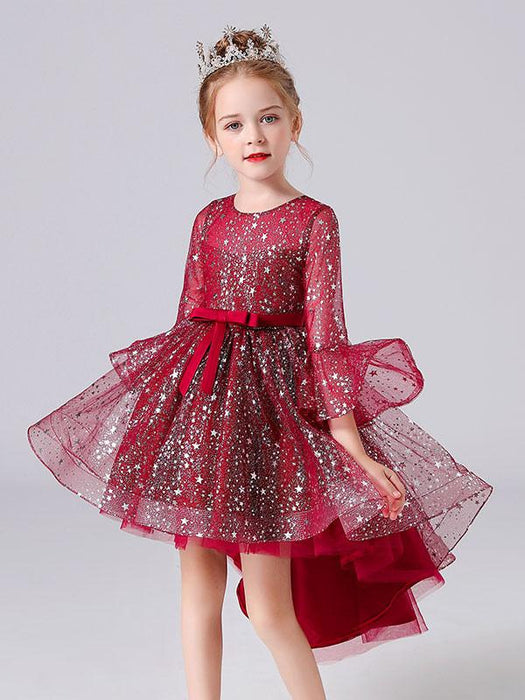 Blue Flower Girl Dresses Jewel Neck 3/4 Length Sleeves Bows Formal Kids Pageant Dresses