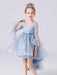 Blue Flower Girl Dresses Jewel Neck 3/4 Length Sleeves Bows Formal Kids Pageant Dresses