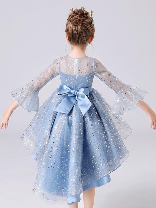 Blue Flower Girl Dresses Jewel Neck 3/4 Length Sleeves Bows Formal Kids Pageant Dresses