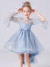 Blue Flower Girl Dresses Jewel Neck 3/4 Length Sleeves Bows Formal Kids Pageant Dresses