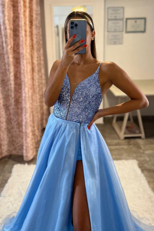 Blue Lace-Up V-Neck Spaghetti Strap Long Prom Dress with Slit