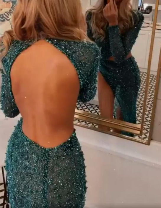 Blue Long Sleeves Sequins Mermaid Prom Dress with Split