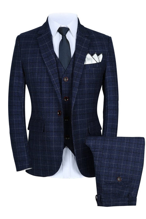 Keiiy Bespoke Blue Notched Lapel Three Pieces Plaid Men Sits For Business