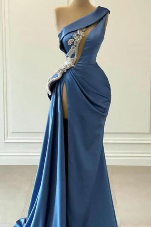 Blue One Shoulder Mermaid Prom Dress with Beading