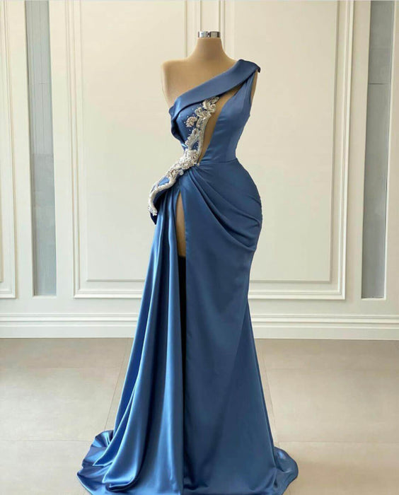 Blue One Shoulder Mermaid Prom Dress with Beading