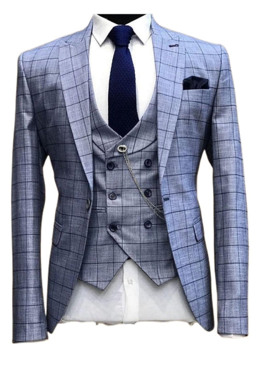 Rachel Bespoke Blue Peaked Lapel Three Pieces Plaid Business Suits