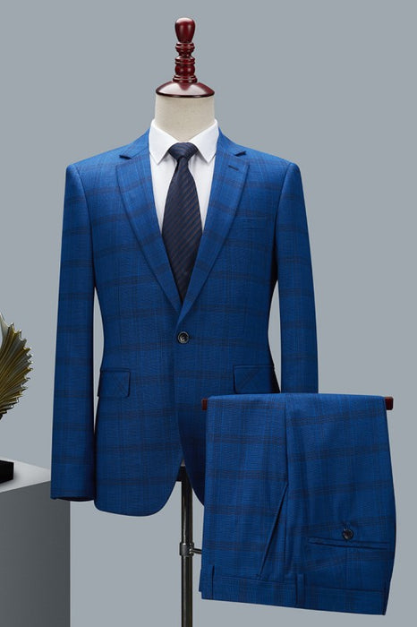 Formal Deep Blue Plaid Notched Lapel Two Pieces Business Men Suits