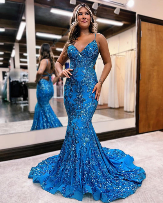 Blue Sequined Appliqued Sleeveless Spaghetti-Straps Mermaid Prom Dress