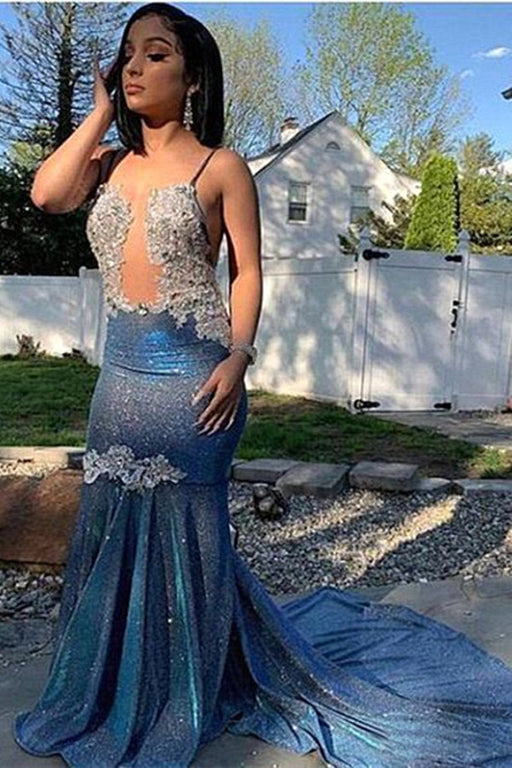 Blue Sequined Spaghetti-Straps Mermaid Long Prom Dress