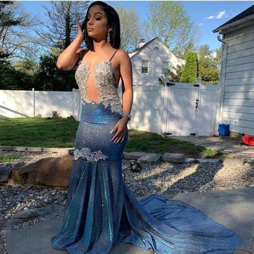 Blue Sequined Spaghetti-Straps Mermaid Long Prom Dress