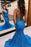 Blue Sequins Applique Prom Dress Mermaid Sleeveless Spaghetti Straps