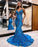 Blue Sequins Applique Prom Dress Mermaid Sleeveless Spaghetti Straps