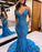 Blue Sequins Applique Prom Dress Mermaid Sleeveless Spaghetti Straps