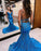 Blue Sequins Applique Prom Dress Mermaid Sleeveless Spaghetti Straps