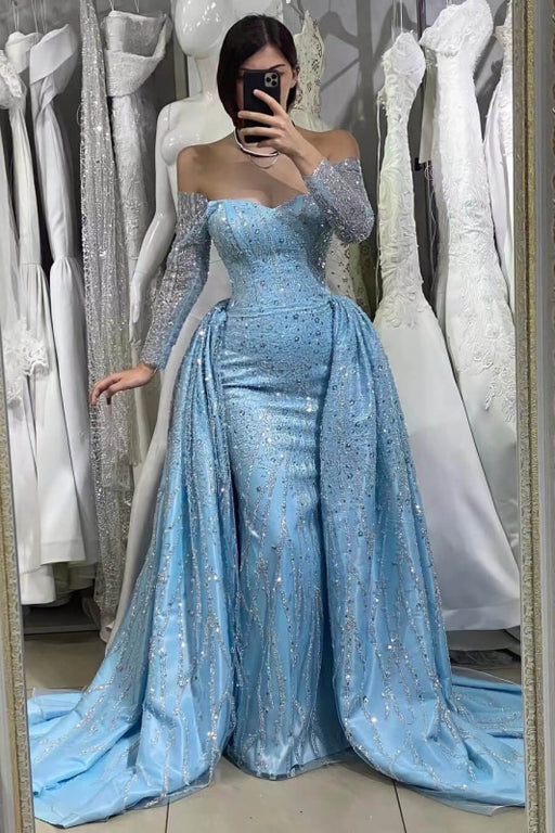 Blue Sequins Long Sleeves Off-The-Shoulder Sweetheart Evening Dress with Long Ruffles