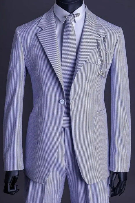 Clark Blue Striped Notched Lapel Close Fitting Business Suits