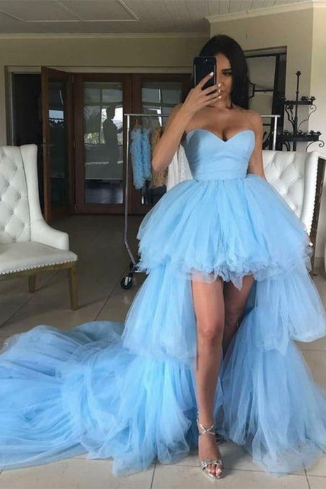 Blue Sweetheart Tulle Hi-Lo Prom Dress