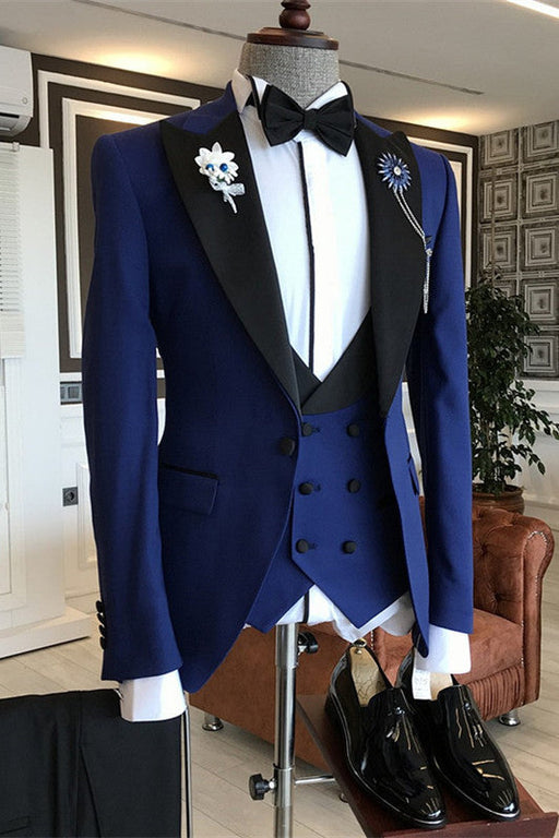 Dillon Blue Three Pieces Bespoke Prom Suits With Black Peaked Lapel