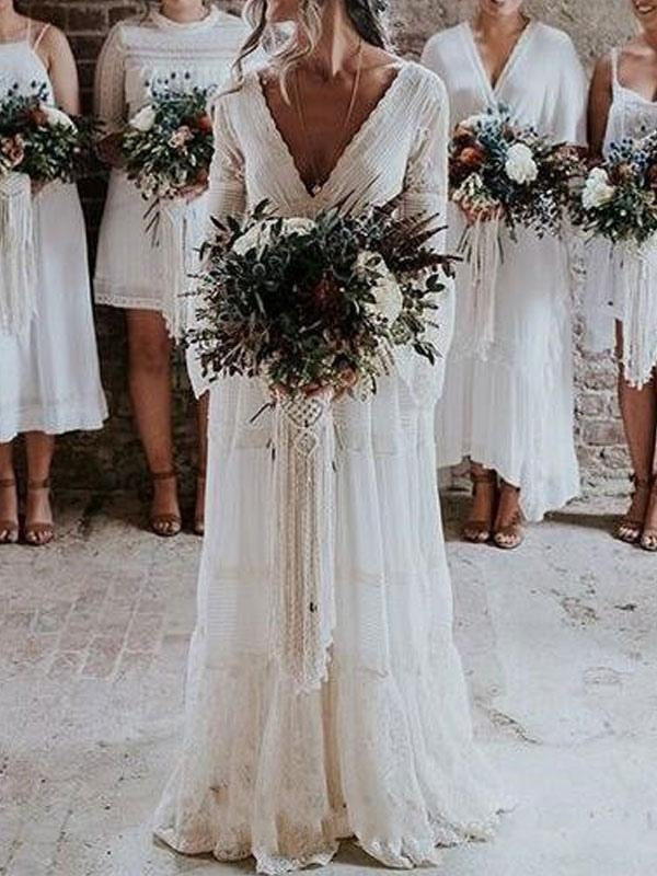 boho wedding dresses 2021 a line deep v neck multilayer lace chiffon ...