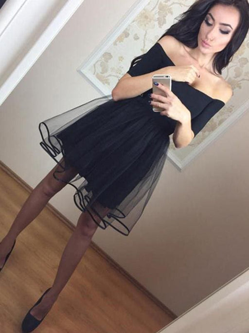 Bridelily A-Line 1/2 Sleeves Off-the-Shoulder Tulle Short/Mini Dresses - Prom Dresses