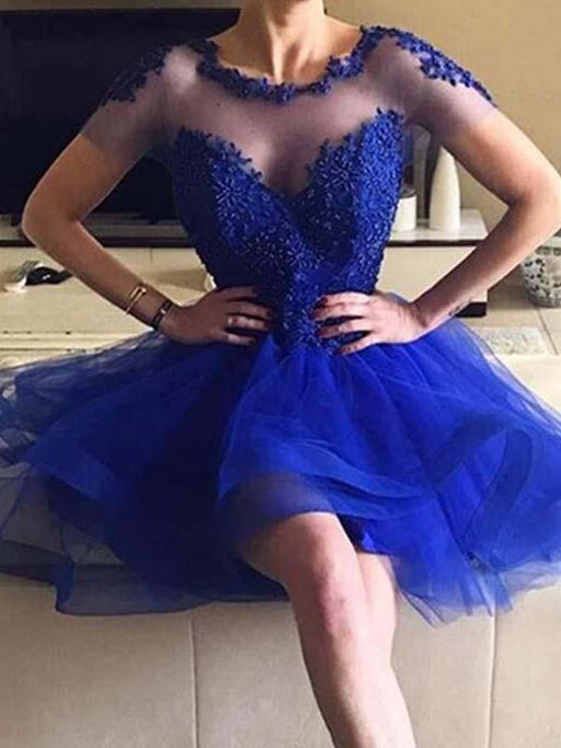 Bridelily A-Line Bateau Organza With Applique Short Sleeves Short/Mini Dresses - Prom Dresses
