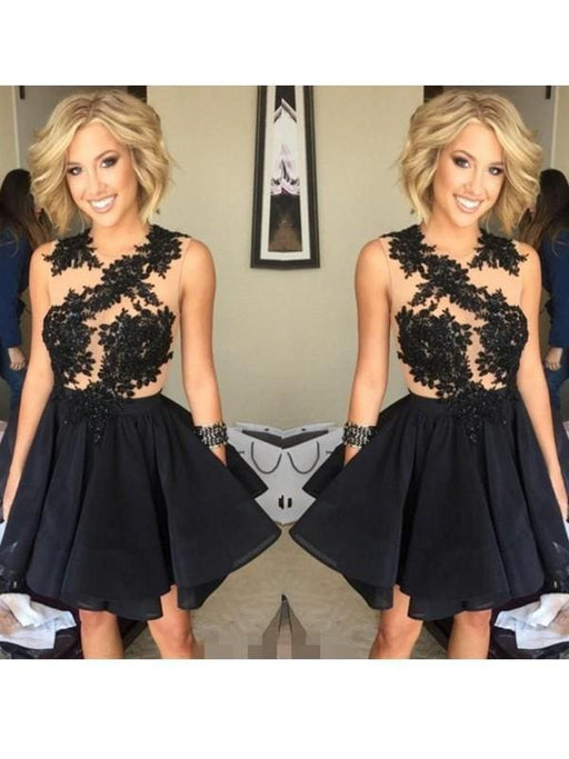 Bridelily A-Line Chiffon Scoop Sleeveless Short/Mini With Lace Dresses - Prom Dresses