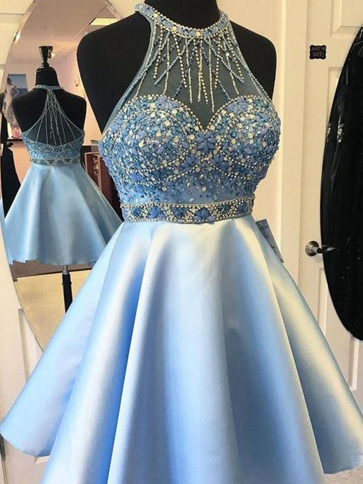 Bridelily A-Line Halter Satin Sash/Ribbon/Belt Sleeveless Short/Mini Dresses - Prom Dresses