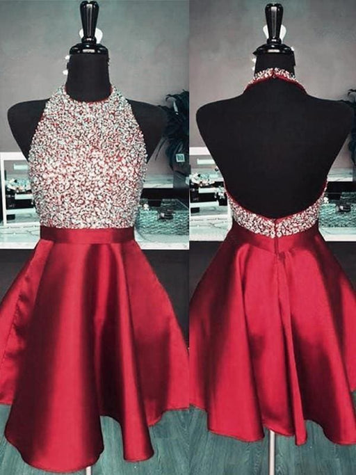 Bridelily A-Line Halter Sleeveless Short/Mini With Beading Satin Dresses - Prom Dresses