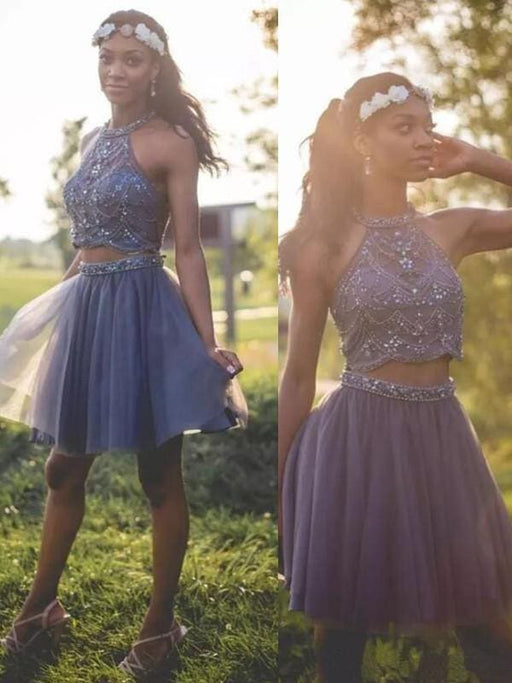 Bridelily A-Line Halter Sleeveless Short/Mini With Beading Tulle Dresses - Prom Dresses