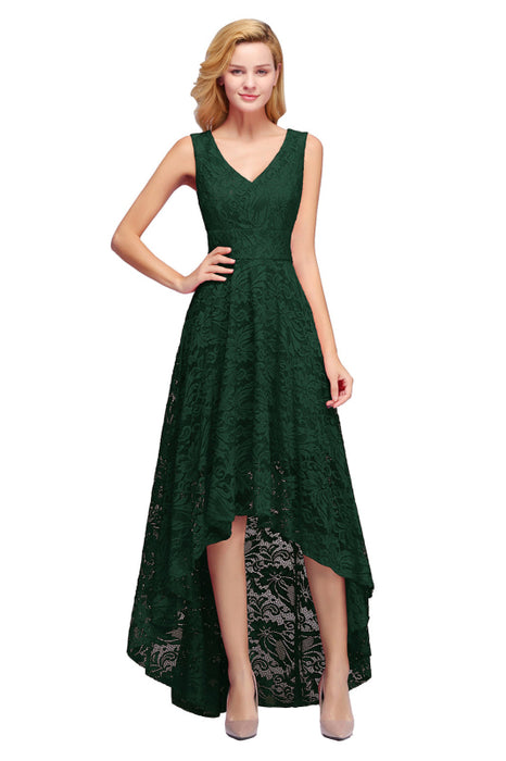 Bridelily A-line Hi-lo V-neck Burgundy Lace Dresses - Dark Green / S - lace dresses