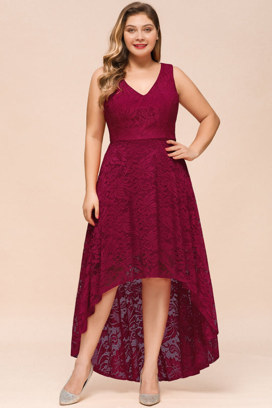 Bridelily A-line Hi-lo V-neck Burgundy Lace Dresses - Burgundy / S - lace dresses