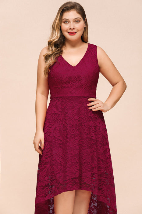 Bridelily A-line Hi-lo V-neck Burgundy Lace Dresses - lace dresses