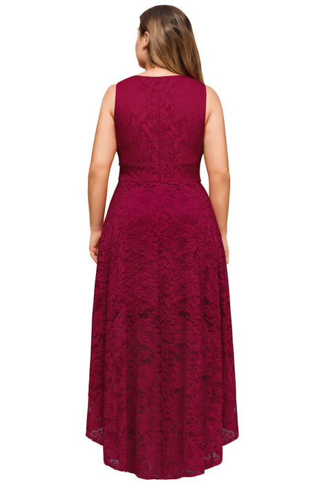 Bridelily A-line Hi-lo V-neck Burgundy Lace Dresses - lace dresses