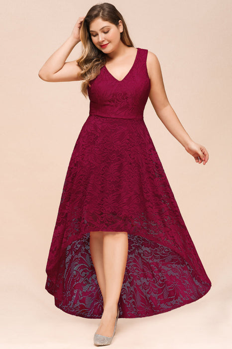 Bridelily A-line Hi-lo V-neck Burgundy Lace Dresses - lace dresses