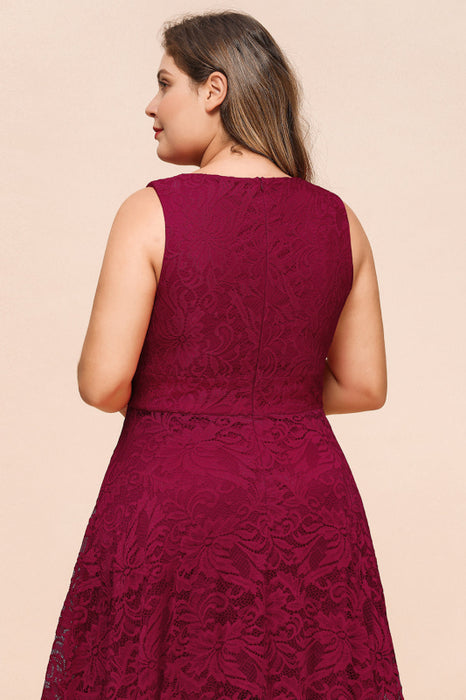 Bridelily A-line Hi-lo V-neck Burgundy Lace Dresses - lace dresses