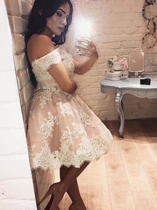 Bridelily A-Line Lace Off-the-Shoulder Sleeveless Short/Mini With Applique Dresses - Prom Dresses