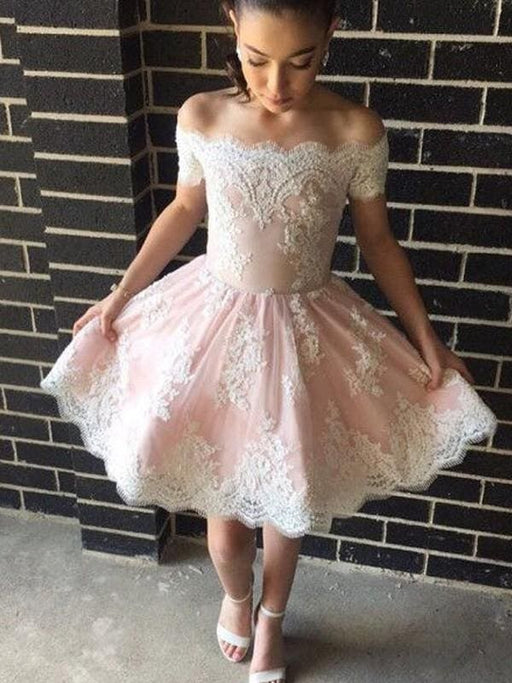 Bridelily A-Line Lace Off-the-Shoulder Sleeveless Short/Mini With Applique Dresses - Prom Dresses