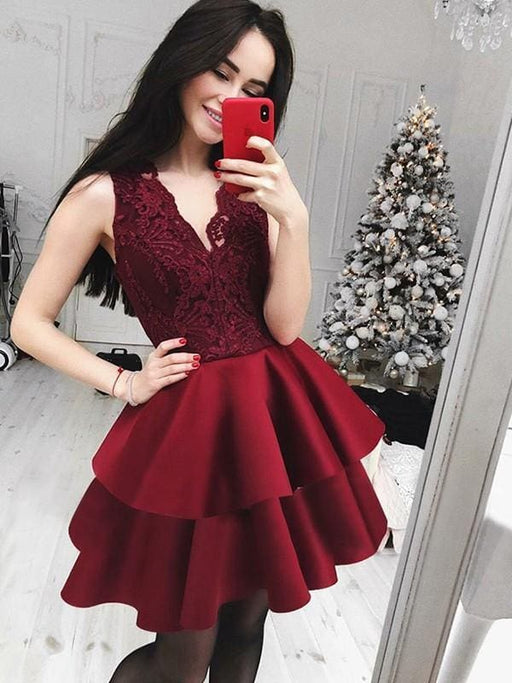 Bridelily A-Line Lace V-Neck Sleeveless Satin Short/Mini Dresses - Prom Dresses