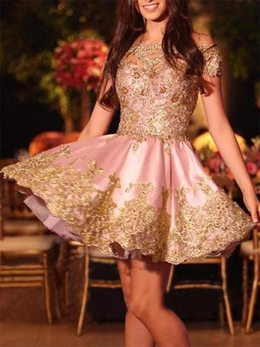 Bridelily A-Line Off-the-Shoulder Sleeveless Short/Mini With Applique Satin Dresses - Prom Dresses