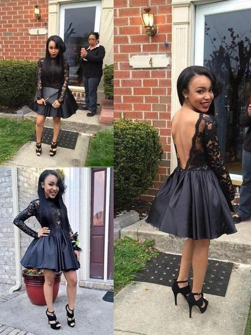 Bridelily A-Line Satin Scoop Long Sleeves Short/Mini With Lace Dresses - Prom Dresses