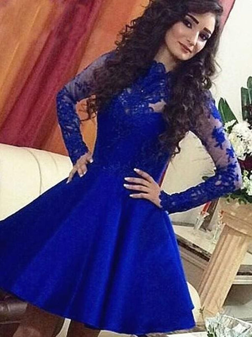Bridelily A-Line Satin Scoop Long Sleeves Short/Mini With Lace Prom Dresses - Prom Dresses