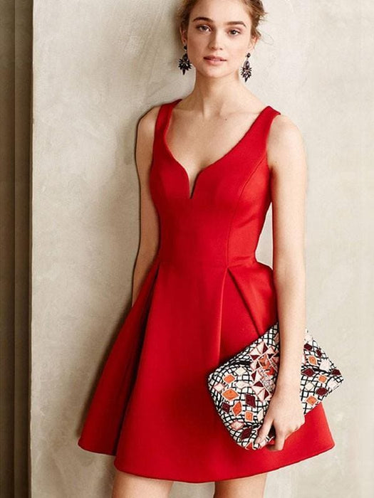 Bridelily A-Line Satin Sleeveless Short/Mini With Ruffles V-neck Dresses - Prom Dresses