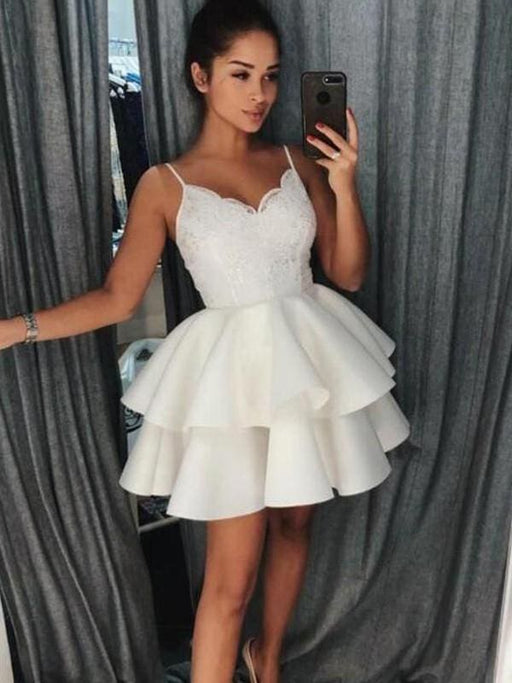 Bridelily A-Line Satin With Ruffles Spaghetti Straps Sleeveless Short/Mini Dresses - Prom Dresses